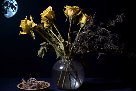 Portrait of a Yellow Roses Arrangement with Dark Backdropの素材