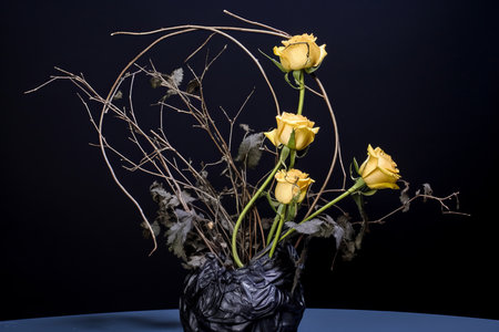 Portrait of a Yellow Roses Arrangement with Dark Backdropの素材