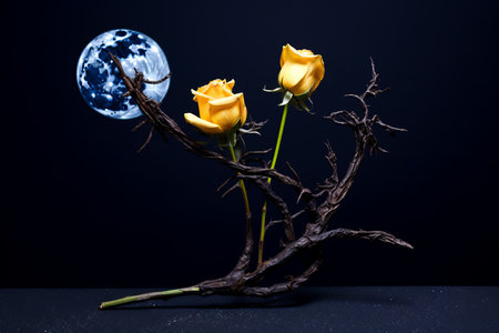 Portrait of a Yellow Roses Arrangement with Dark Backdropの素材