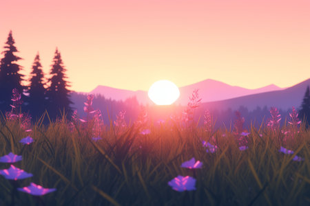 3D Render of a Twilight Summer Landscape Backgroundの素材