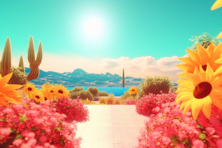 3D Render of a Summer Themed Background Landscapeの素材