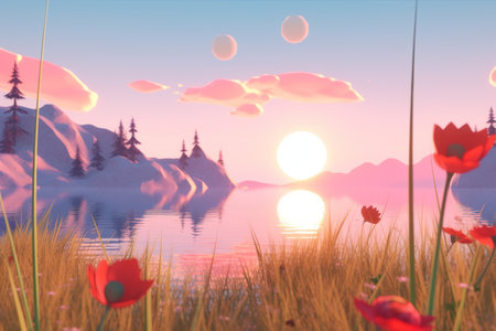 3D Render of a Summer Themed Background Landscapeの素材