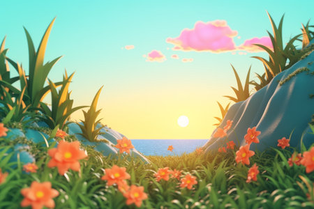 3D Render of a Summer Themed Background Landscapeの素材