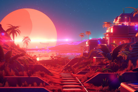3D Render of a Futuristic Neon Summer Cityの素材