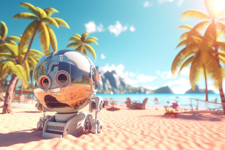 3D Render of a Robot on a Summer Beachscapeの素材
