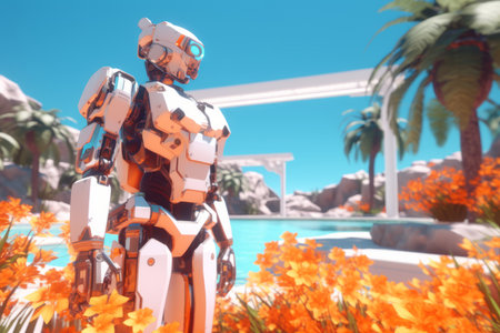 3D Render of a Robot on a Summer Beachscapeの素材