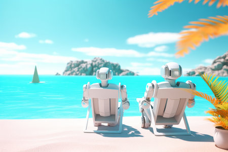 3D Render of a Robot on a Summer Beachscapeの素材