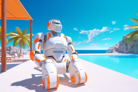 3D Render of a Robot on a Summer Beachscapeの素材