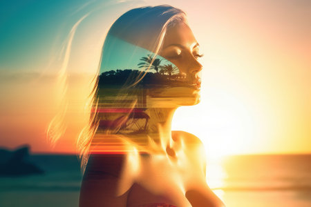 Double Exposure Summer Themed Portrait of a Womanの素材