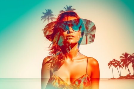 Double Exposure Summer Themed Portrait of a Womanの素材