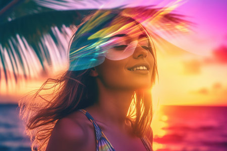 Double Exposure Summer Themed Portrait of a Womanの素材