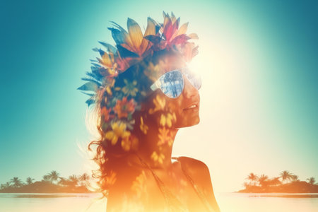 Double Exposure Summer Themed Portrait of a Womanの素材