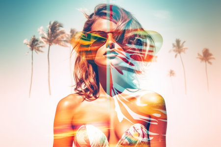 Double Exposure Summer Themed Portrait of a Womanの素材