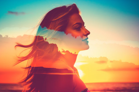 Double Exposure Summer Themed Portrait of a Womanの素材