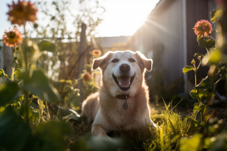 Portrait of golden retriever dog in the garden at sunset.の素材