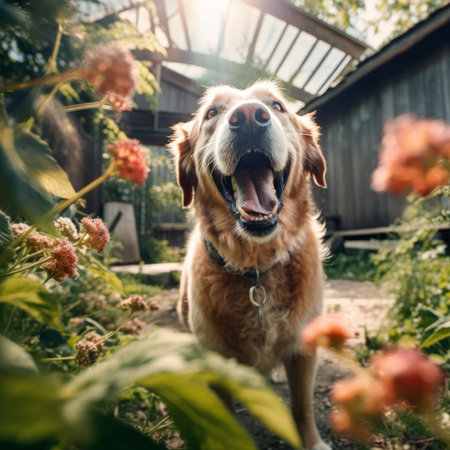 Cute Golden Retriever dog in the garden with flowers.の素材