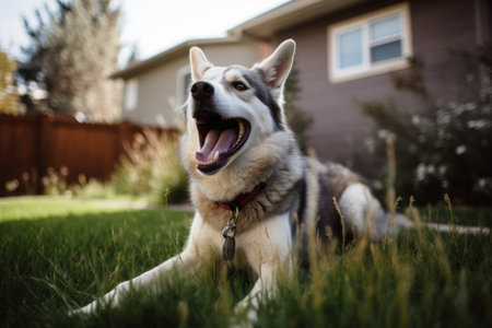 Portrait of a beautiful siberian husky dog lying on the grassの素材