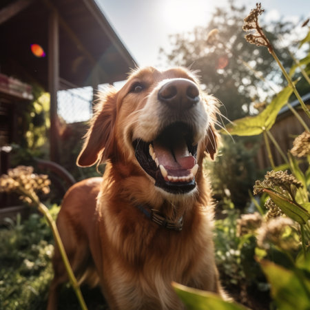 Portrait of golden retriever dog with open mouth in the gardenの素材
