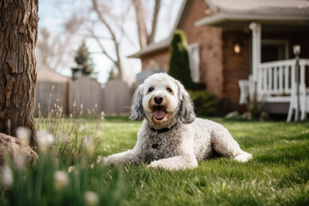 Cute poodle lying on the grass in front of a houseの素材