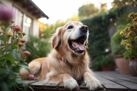 Cute Golden Retriever Dog Relaxing in the Garden.の素材