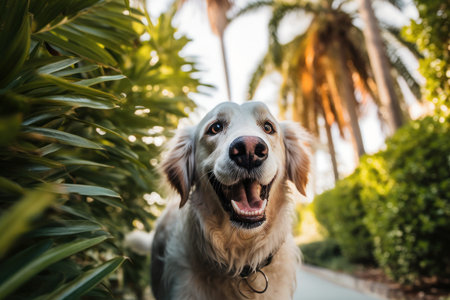 Golden Retriever in the park with palm trees in the backgroundの素材