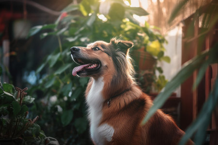 Australian shepherd dog in the garden. Beautiful red border collie.の素材