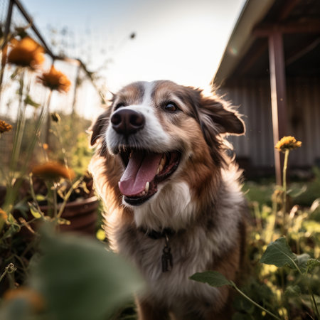 Portrait of a cute Australian Shepherd in the garden at sunset.の素材