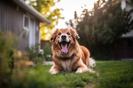 Portrait of a happy dog breed Golden Retriever in the gardenの素材