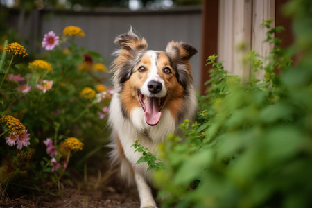 Portrait of a beautiful shetland sheepdog in the gardenの素材