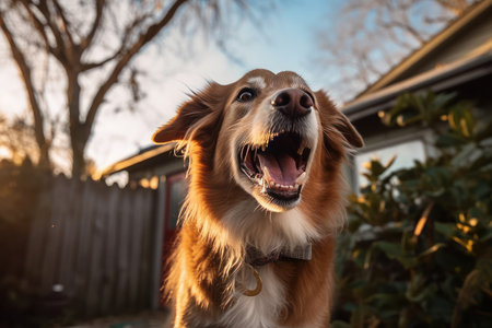 Portrait of a red border collie dog with open mouth.の素材