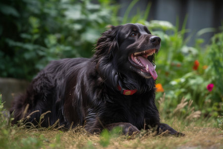 Portrait of a black dog lying on the grass in the gardenの素材