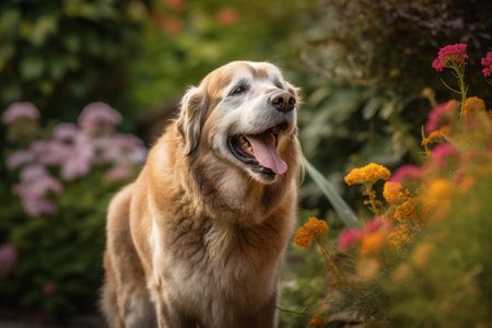 Beautiful golden retriever dog sitting in the garden with flowers.の素材