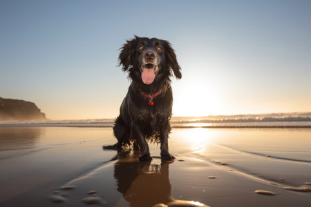 Portrait of a black cocker spaniel on the beach at sunsetの素材