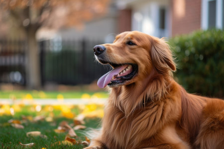 Golden Retriever sitting on the grass in the autumn park.の素材