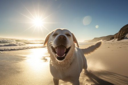 Golden retriever playing on the beach at sunset. Concept of friendly dog.の素材