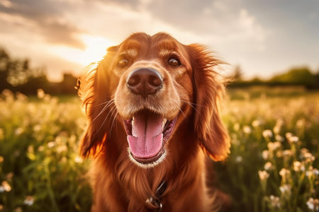 Cocker Spaniel dog in a field of flowers at sunset.の素材