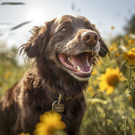 portrait of a dog in a field of yellow flowers in summerの素材