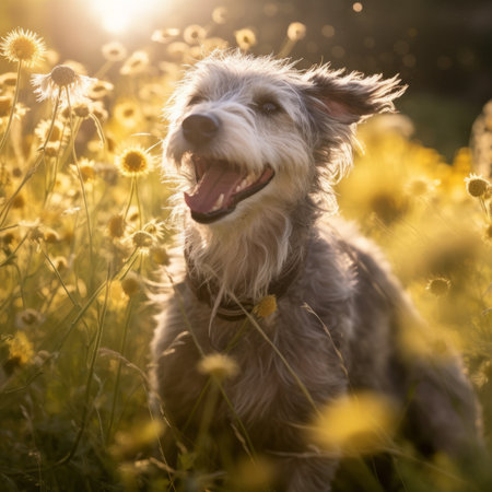 Cute dog in blooming yellow flowers meadow at sunset.の素材