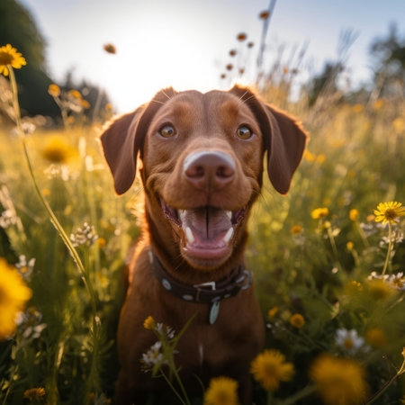 Adorable Vizsla dog in a field of daisiesの素材