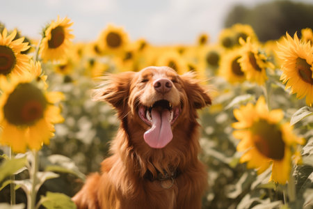 Cute Nova Scotia Duck Tolling Retriever in sunflower fieldの素材