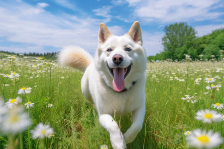 Portrait of a happy dog in the field with daisiesの素材