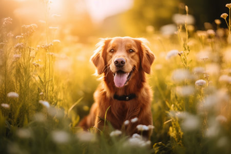 Golden Retriever dog sitting in the field with dandelionsの素材