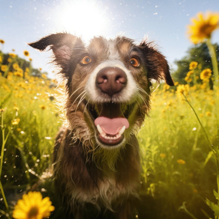 Portrait of happy Australian shepherd dog in a field of yellow flowersの素材