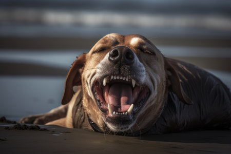 Labrador Retriever lying on the beach and yawning.の素材