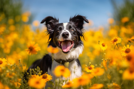 Portrait of cute smilling puppy border collie in yellow flowers meadowの素材
