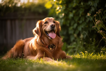 Golden Retriever lying on the grass in the garden. Selective focus.の素材