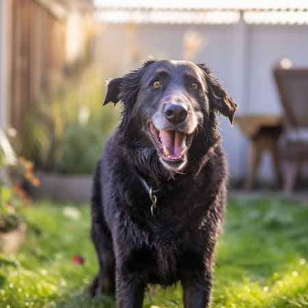 Portrait of a black dog in the garden with open mouth.の素材