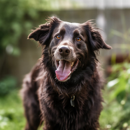 Portrait of a cute black and brown mixed breed dog living in belgiumの素材