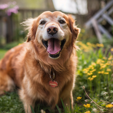 Portrait of a cute Golden Retriever sitting in the gardenの素材