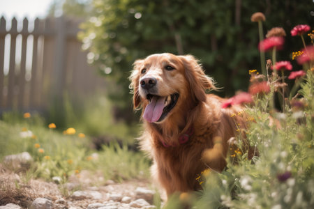 Cute Golden Retriever dog in the garden. Selective focus.の素材